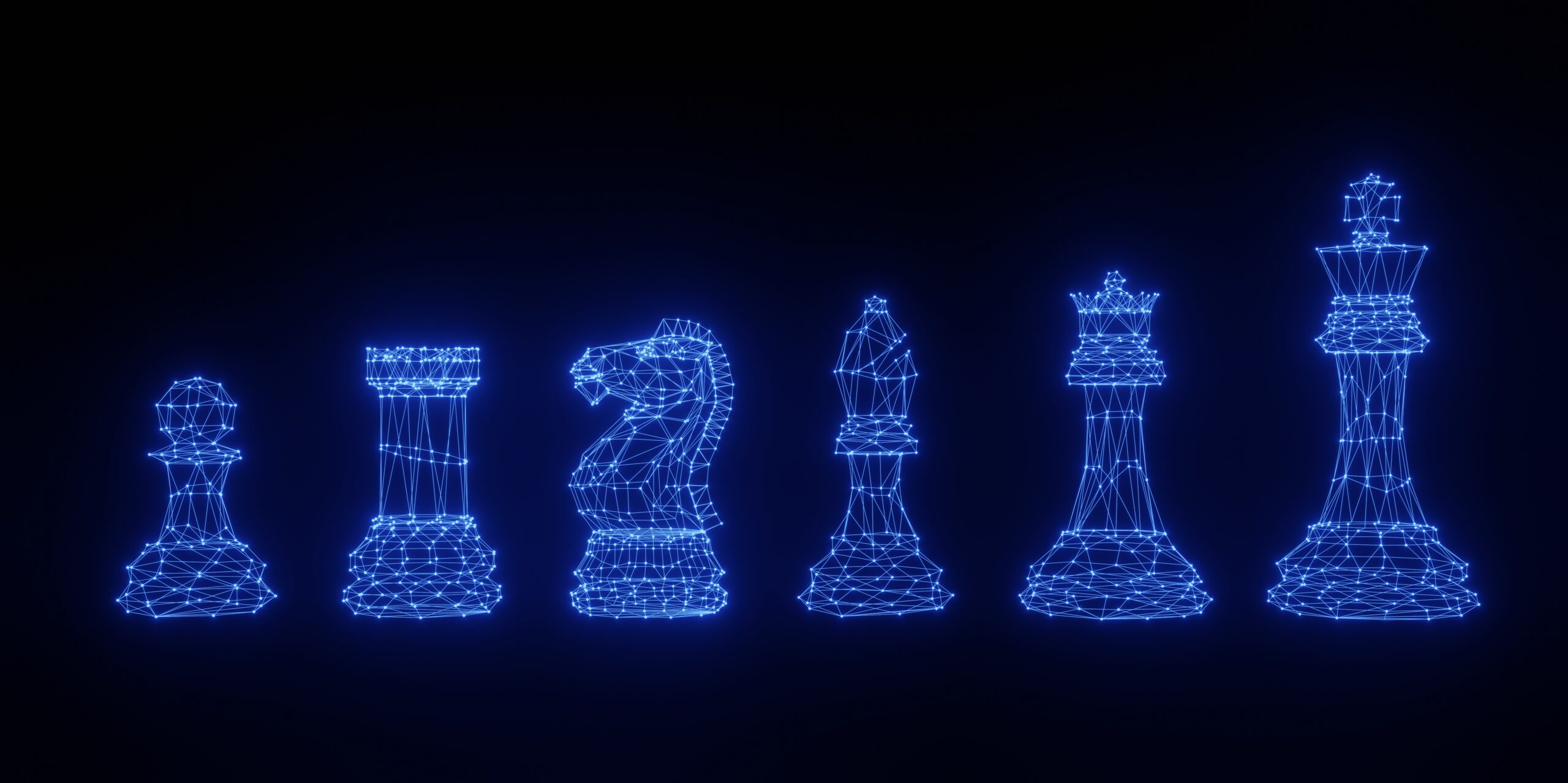 Chess set consists of dots and lines that glow blue on a black scene. low poly style, 3D rendering